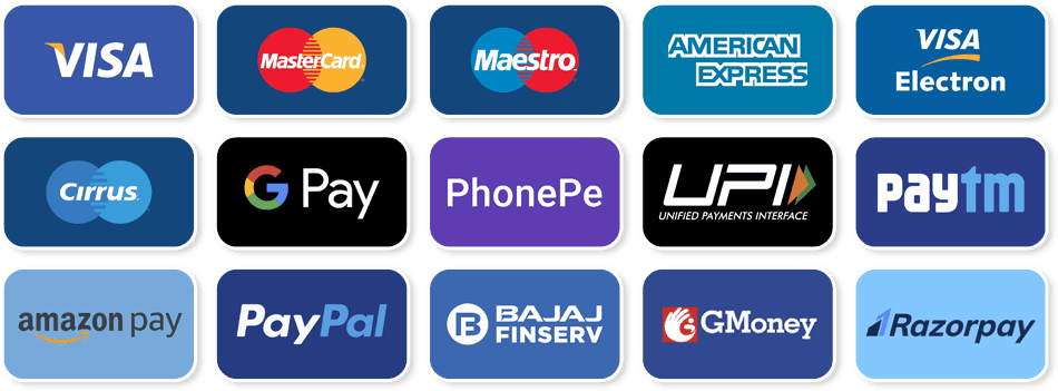 Accepted payment methods including cards, UPI, wallets and financing